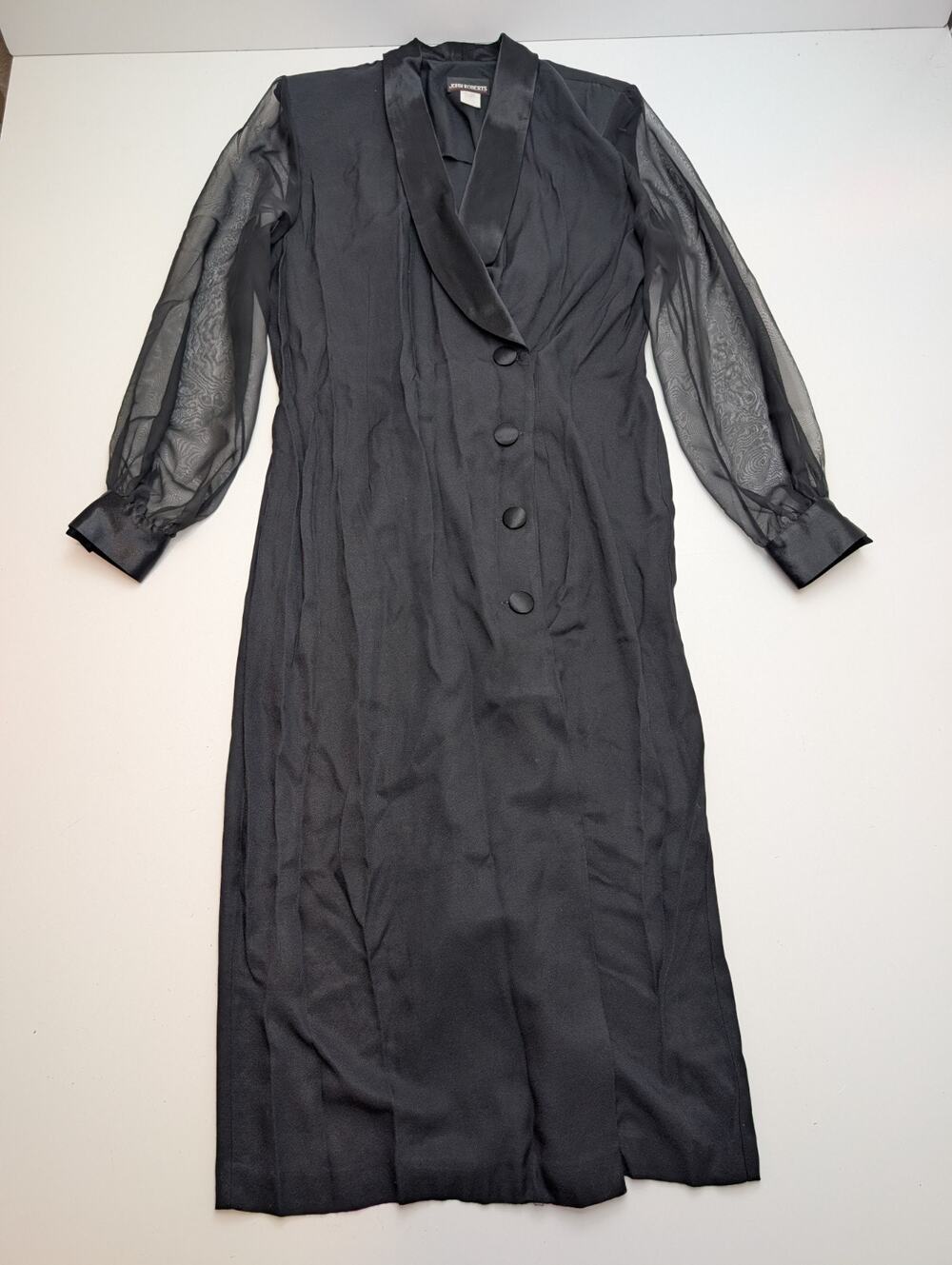 John Roberts Dress Womens Size 14 Black Sheer Long Sleeves Button Up Vintage VTG